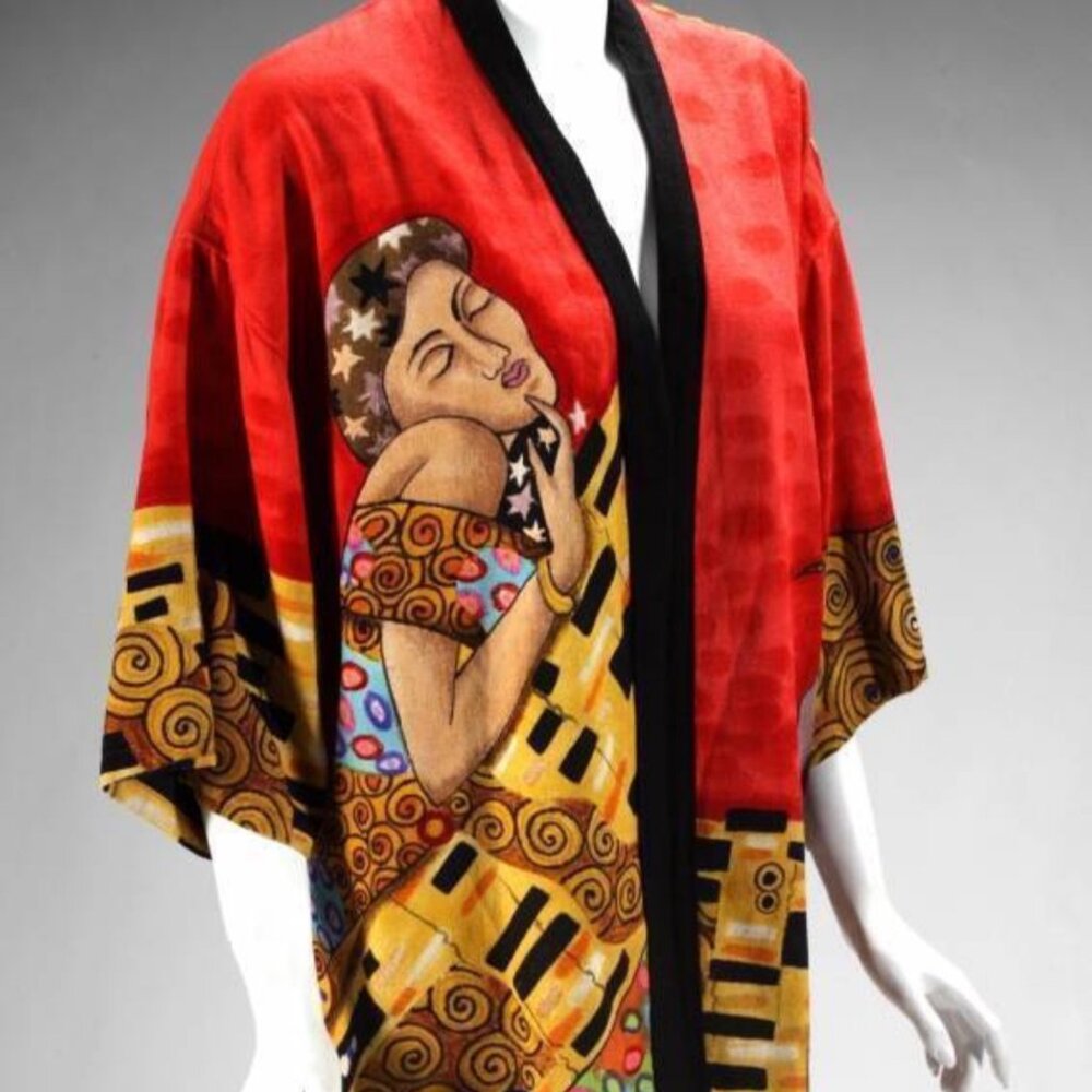 Dilemma by Dhun Shroff - 100% Silk Art-to-Wear Klimt Inspired Red Kimono Jacket